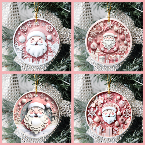 3D Looking Pastel Christmas Tree Ornaments - Santa
