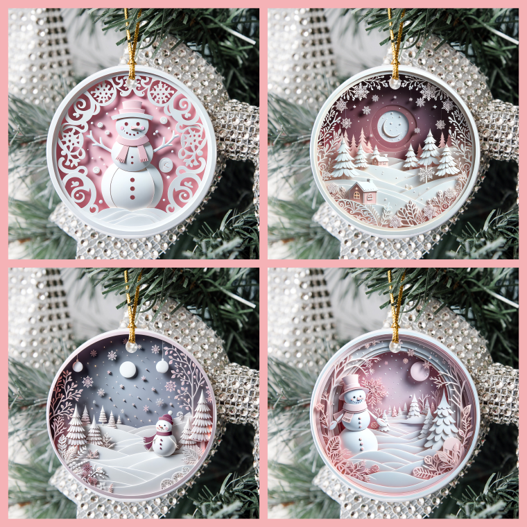 3D Looking Pastel Christmas Tree Ornaments - Snowman