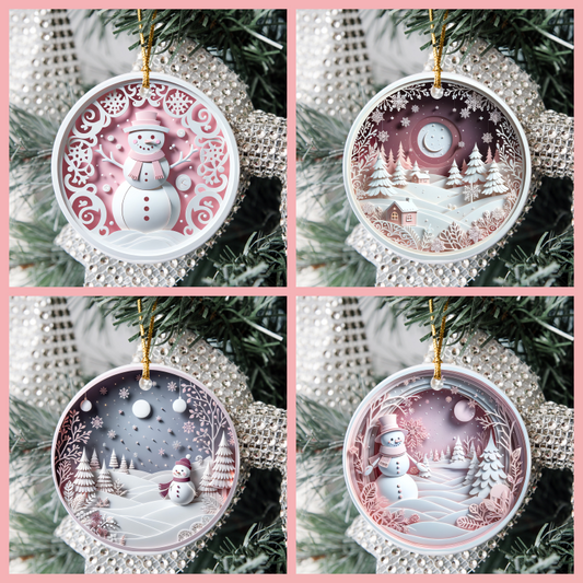 3D Looking Pastel Christmas Tree Ornaments - Snowman