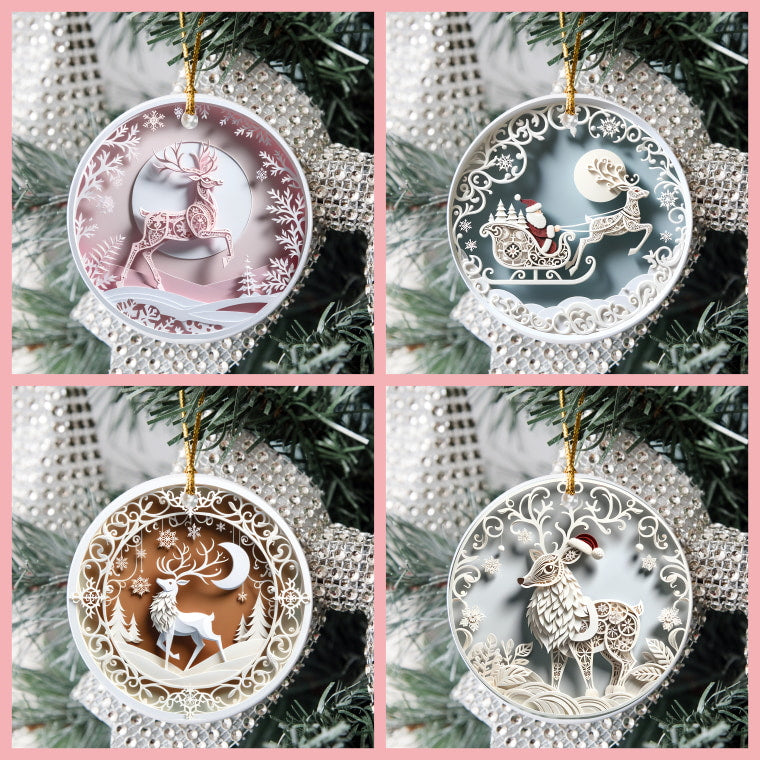 3D Looking Pastel Christmas Tree Ornaments - Reindeer