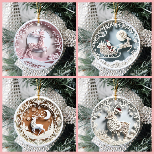3D Looking Pastel Christmas Tree Ornaments - Reindeer